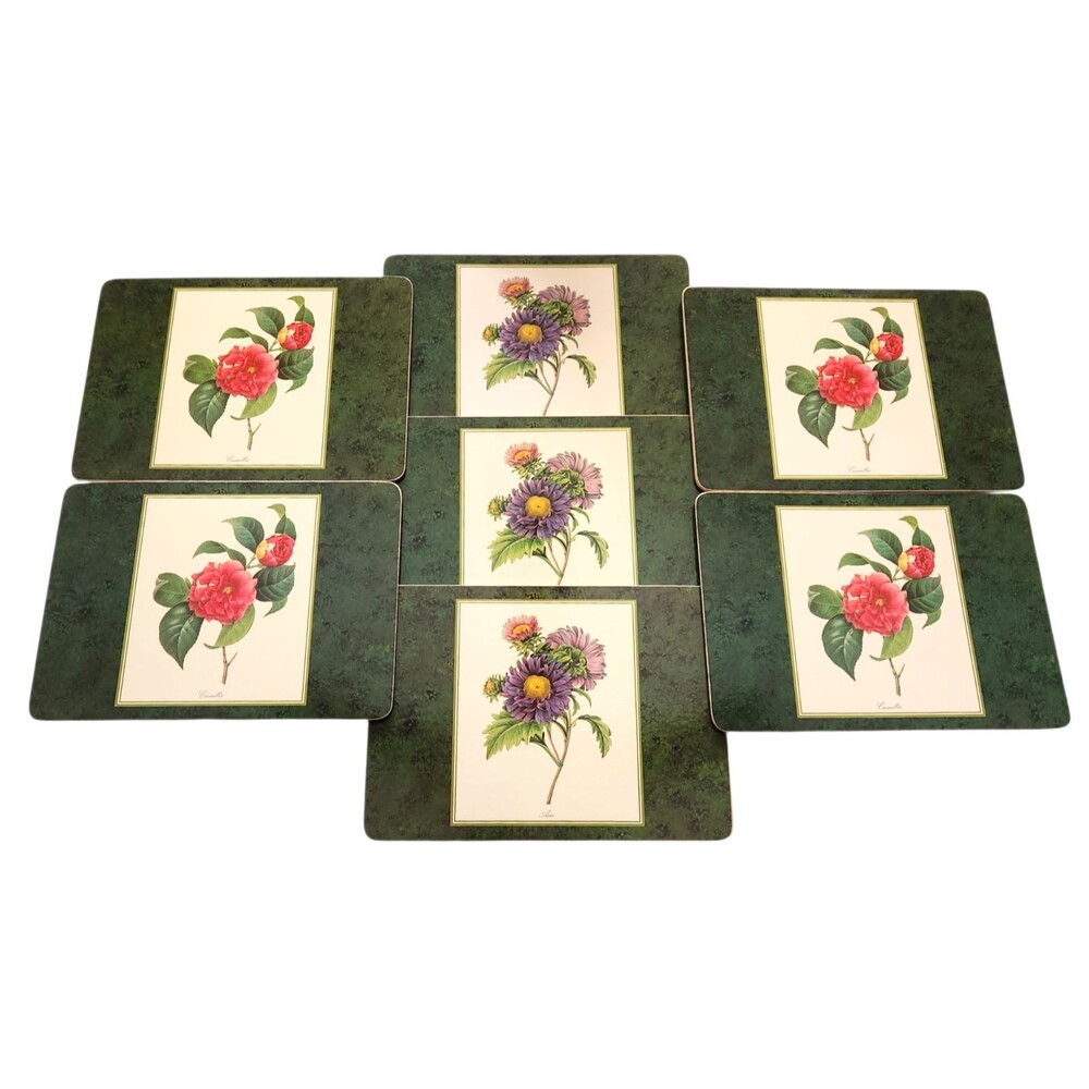 Lot of 7 Cork Backed Placemats Redoute's Asters & Camellias 8 1/2" x 11 1/2"